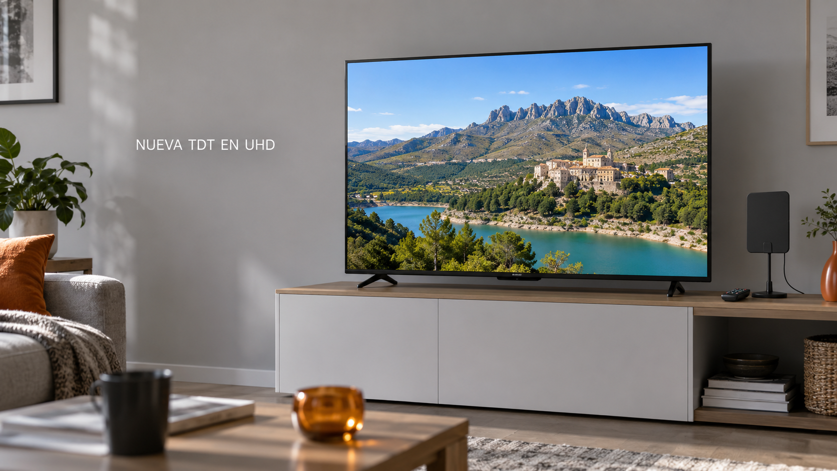 Televisor en un salón con un paisaje y el texto Nueva TDT en UHD