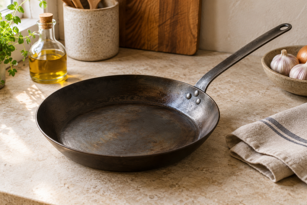 Sartén de acero al carbono con pátina, aceite y paño de cocina