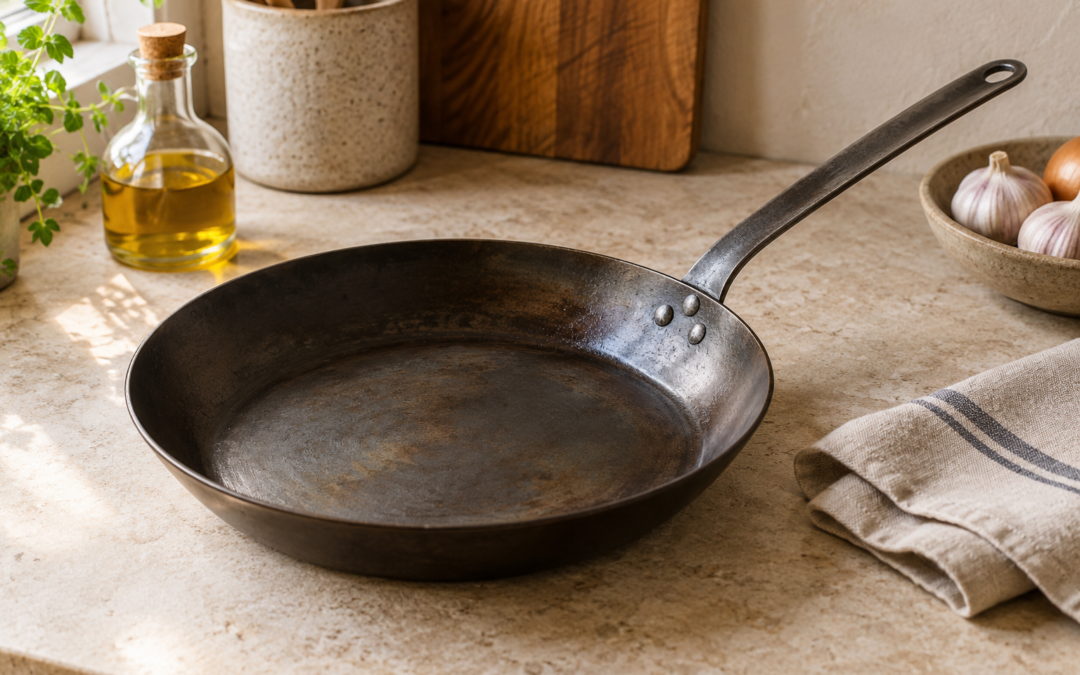 Sartén de acero al carbono con pátina de uso, aceite y paño de cocina